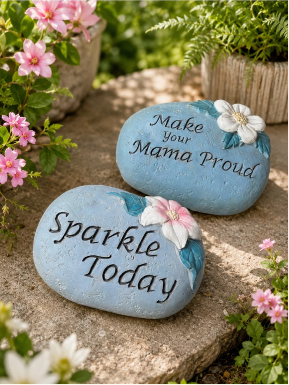 Set of 2 Inspirational Garden Stones – “Make Your Mama Proud” & “Sparkle Today”